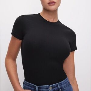 Good American Micro Rib Cotton Tee Bodysuit in Black